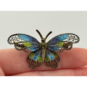 Vintage 800 Silver Filigree Plique A Jour Enamel Butterfly Pin Brooch